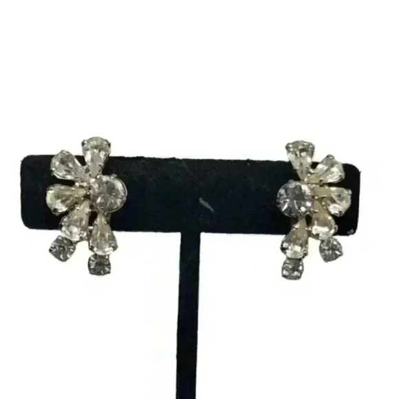 Vintage Earrings Clear Rhinestone Clip Clear Half Flower Star Bride Statement - Picture 1 of 10